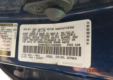 2007 Toyota Corolla Le from USA, damaged, VIN 1NXBR32E57Z928989